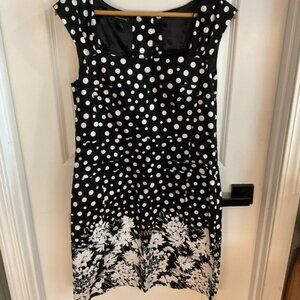 Spense - Wide Strap Sleeveless Lined Sheath Dress - Black White Polka Dot Dress